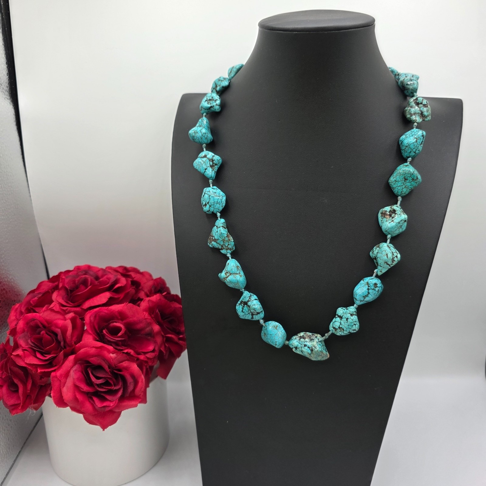 Silver Tone Turquoise Blue Nuggets Chunky Stone Necklace Push Lock 25" Bold